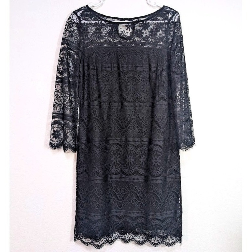 Chelsea & Violet Black Lace Shift Dress XS 3/4 Sleeve Scalloped Hem Cocktail - Picture 2 of 10